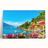 Black and white stretched canvas of Lake Como with serene water and distant mountains, ideal for kitchen art.