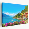 Lake Como scenery on a large stretched canvas with soft blue and green hues, suitable for kitchen wall art.