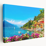 Lake Como scenery on a large stretched canvas with soft blue and green hues, suitable for kitchen wall art.