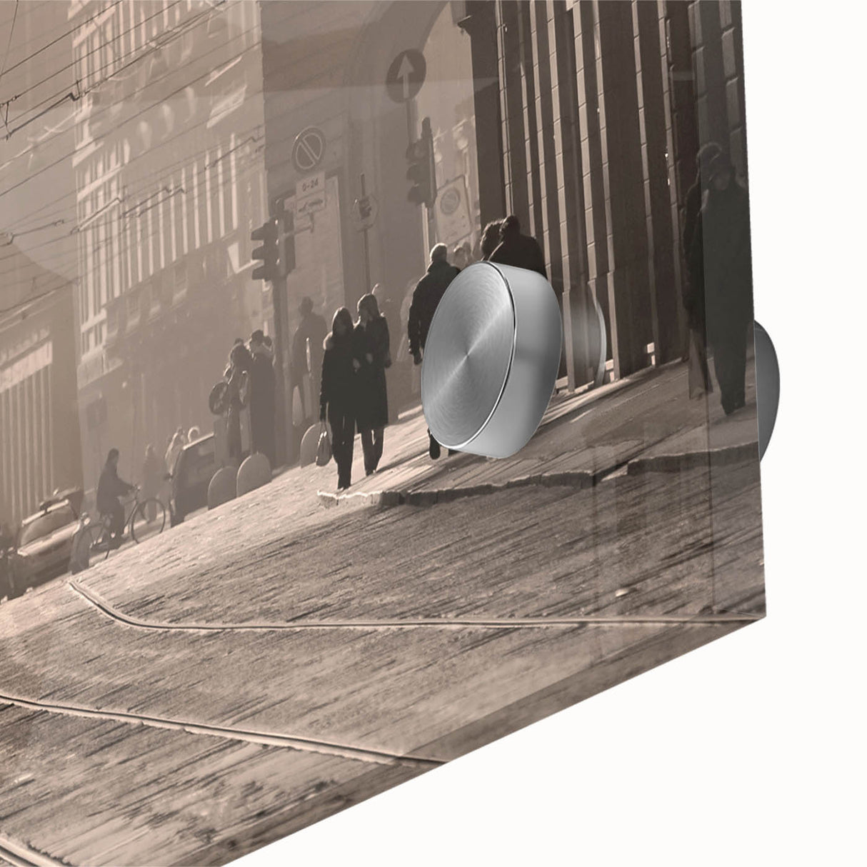 Large abstract wall art of Milan scenery in muted earth tones on acrylic glass, ideal for dining room ambiance.