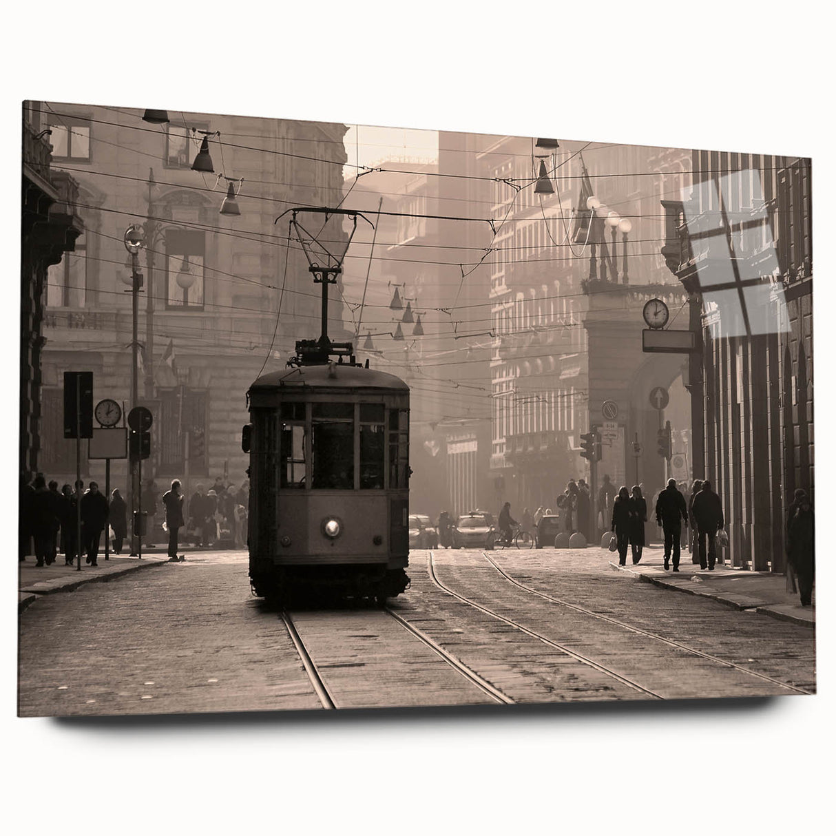 Large abstract depiction of Milan scenery on acrylic glass, featuring muted earth tones.