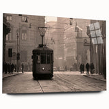 Large abstract depiction of Milan scenery on acrylic glass, featuring muted earth tones.