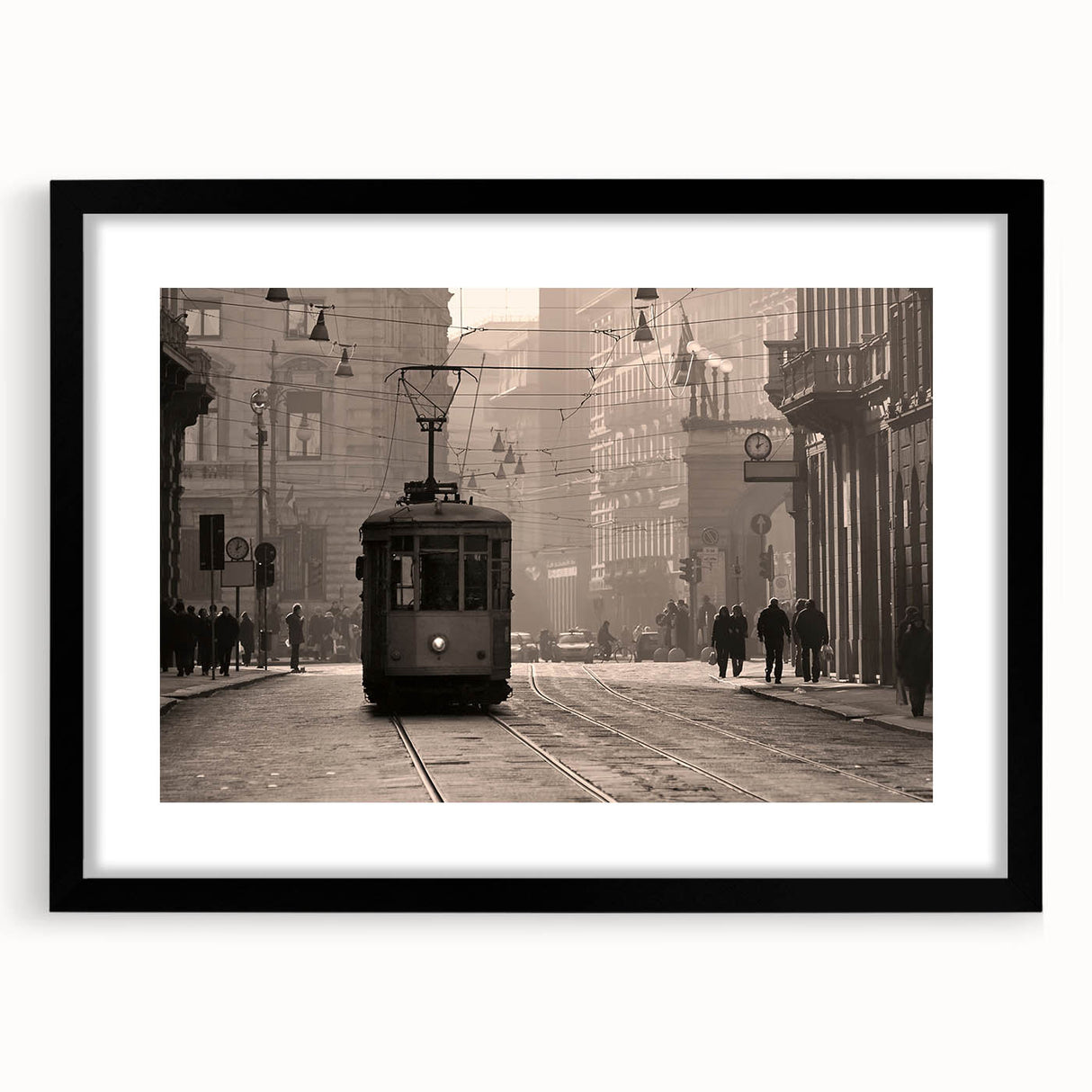 Extra large abstract art print of Milan scenery in vibrant colors on a textured canvas, framed in black.