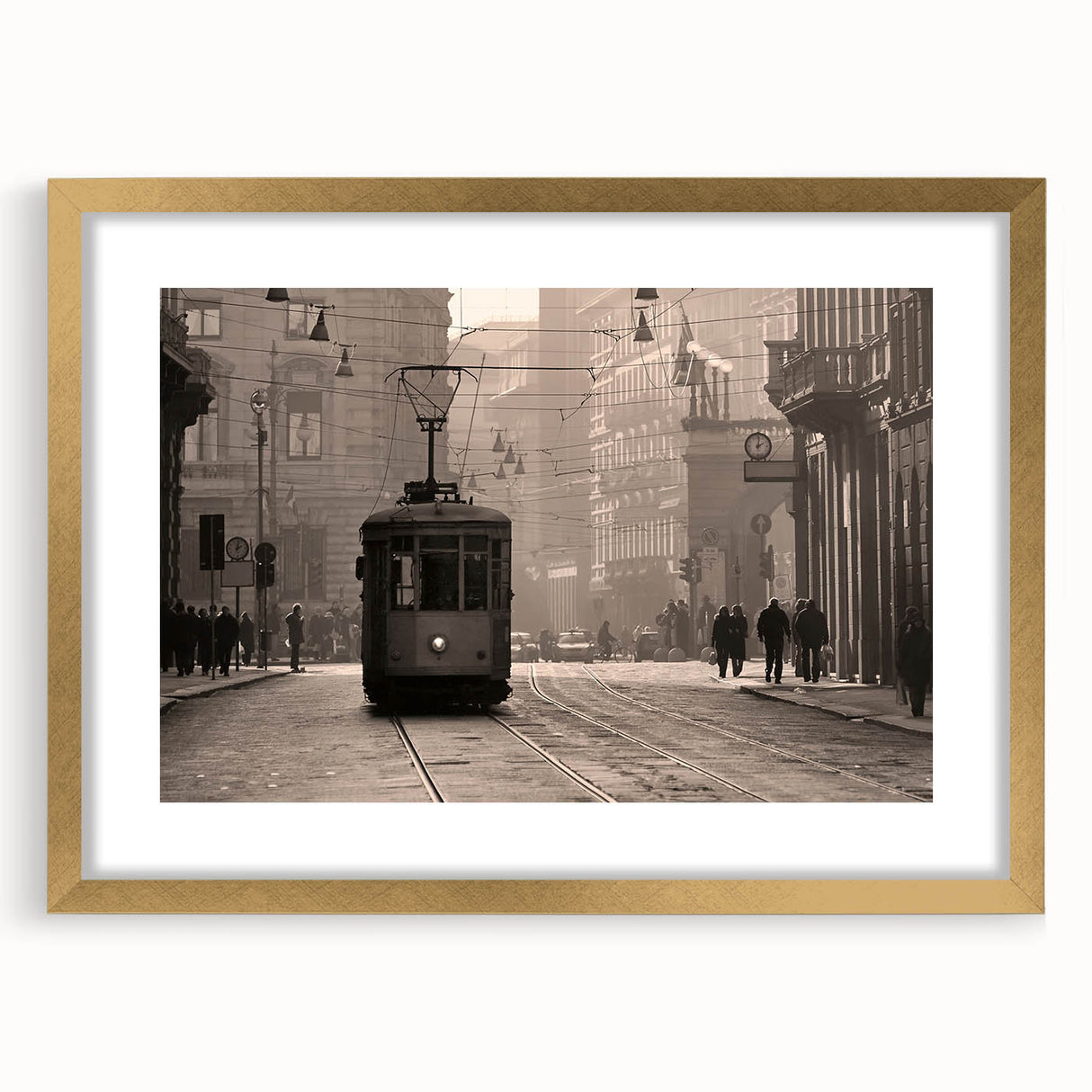 Abstract art print of Milan scenery in muted gold and blue tones, framed with a gold mat, suitable for dining room decor.
