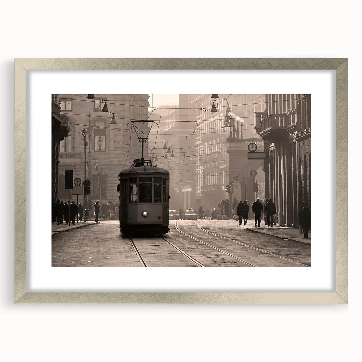 Extra large abstract art print of Milan scenery in muted earth tones on a framed canvas, ideal for living room decor.