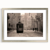 Extra large abstract art print of Milan scenery in muted earth tones on a framed canvas, ideal for living room decor.