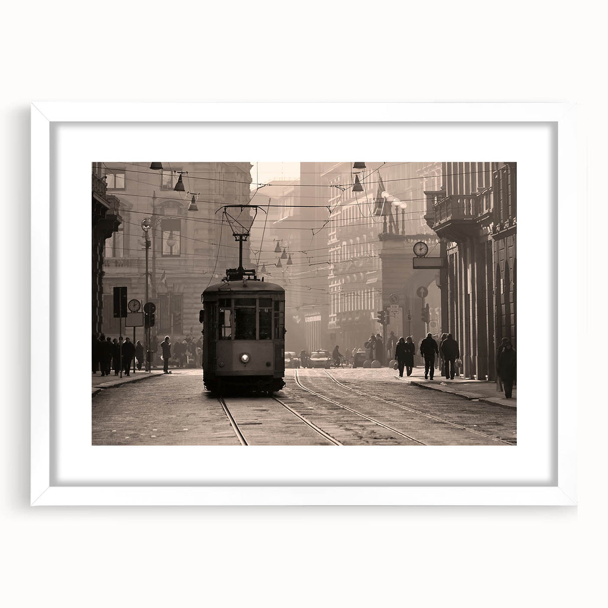 Textured abstract art print depicting a muted Milan scenery on a white-framed mat, ideal for bedroom art.