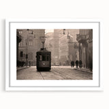Textured abstract art print depicting a muted Milan scenery on a white-framed mat, ideal for bedroom art.