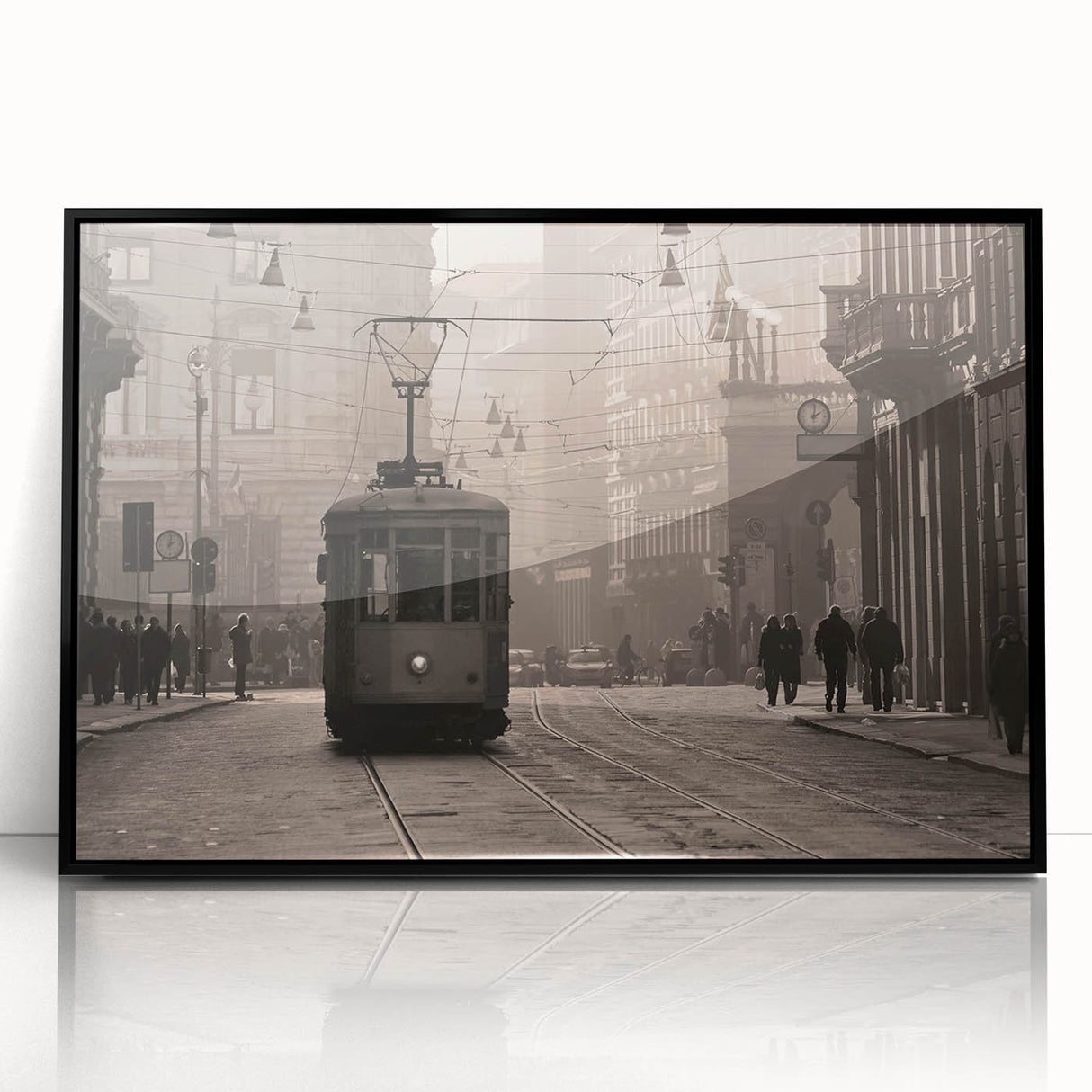 Large abstract wall art depicting Milan scenery in muted earth tones on a black framed acrylic, suitable for modern decor.