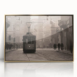 Art Deco poster of Milan scenery on acrylic, framed in gold, featuring muted earth tones, ideal for modern art wall decor.