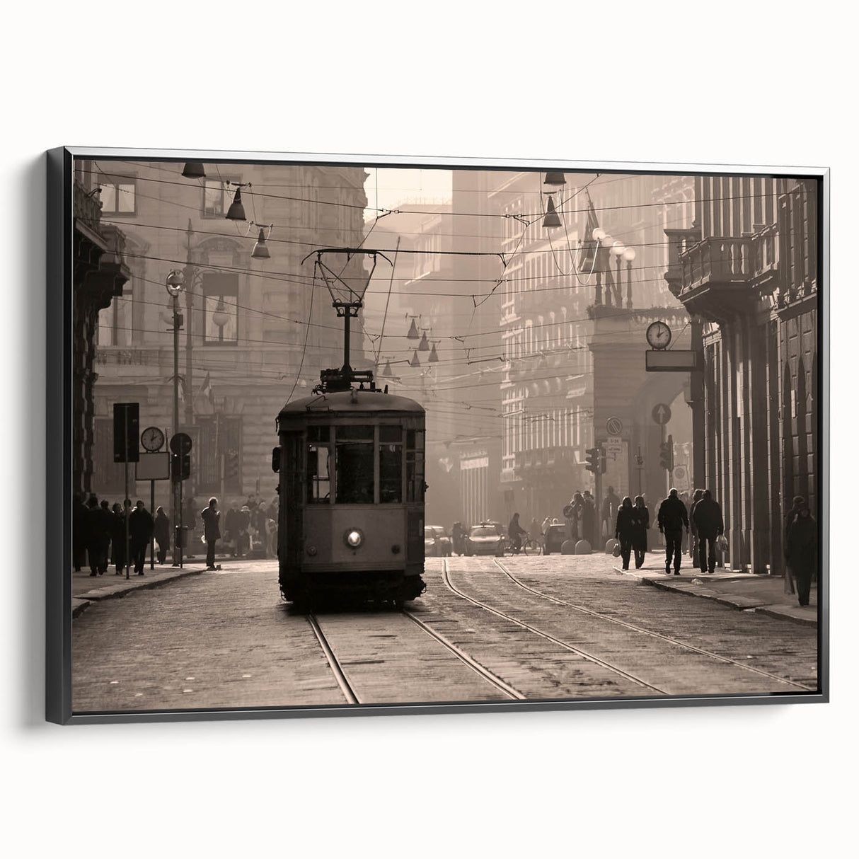 Black and white vintage poster art of Milan landscape on framed canvas, suitable for bedroom decor.