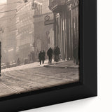 Extra large black wall art depicting a textured Milan scenery in colorful art style, ideal for living room decor.
