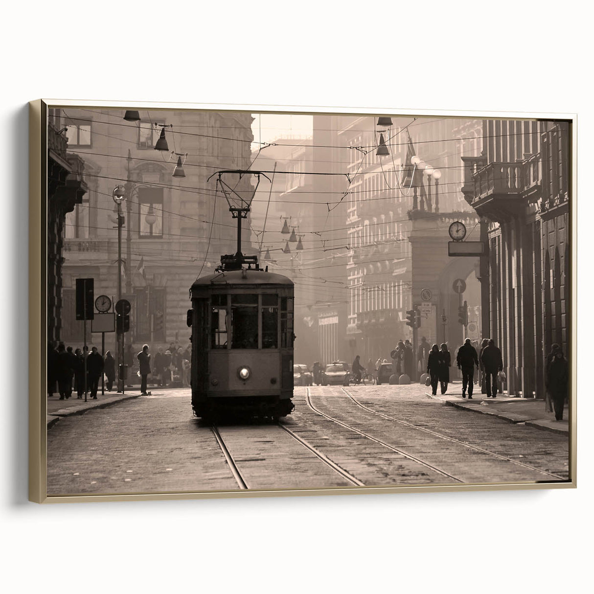 Framed canvas wall art featuring a vintage-style landscape painting of Milan with black and gold tones.