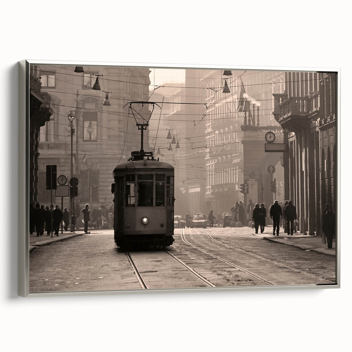 Landscape art painting of Milan on framed canvas, featuring vintage poster art style with colorful and black tones.