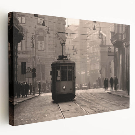 Side view of a stretched canvas depicting a Milan cityscape in muted earth tones, ideal for kitchen wall art.