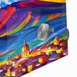 Large abstract depiction of Mount Etna in muted earth tones on acrylic glass, suitable for dining room art.