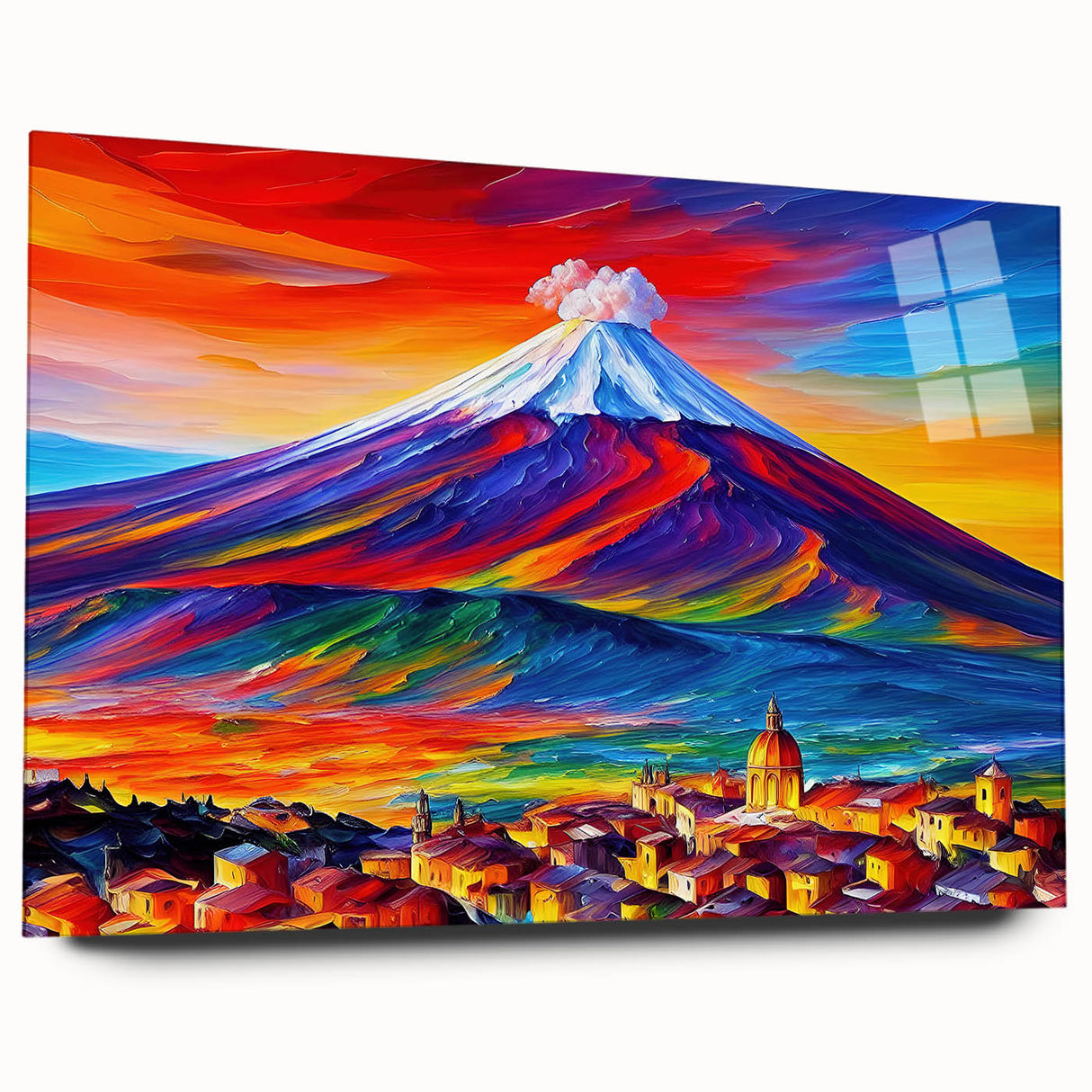 Large abstract wall art of Mount Etna in muted earth tones on acrylic glass, ideal for bedroom or dining room decor.
