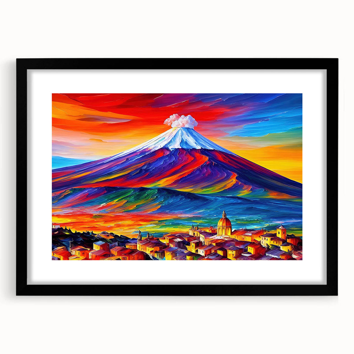 Extra large, colorful abstract art print of Mount Etna, featuring vibrant hues on a textured canvas.