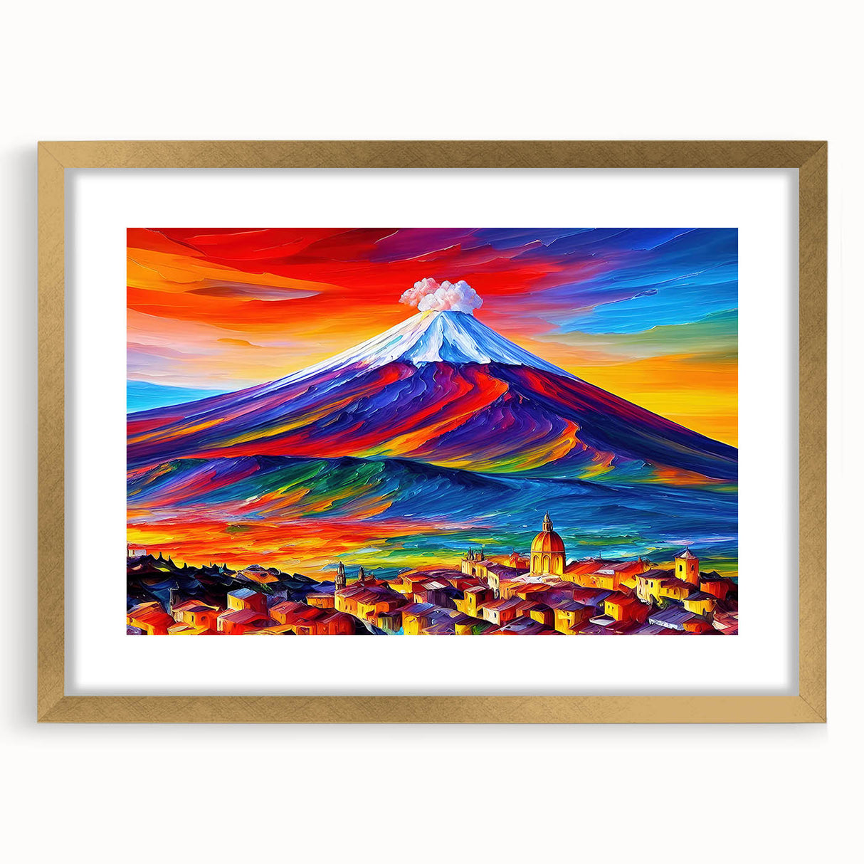 Abstract art print of Mount Etna in muted earth tones, framed in gold, ideal for dining room decor.