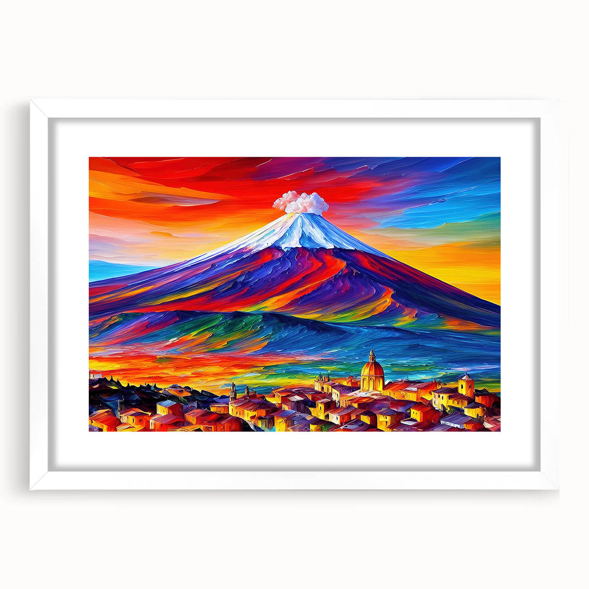 Textured art print of Mount Etna in abstract style with muted earth tones, framed in white, ideal for bedroom art.