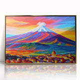 Art deco poster of Mount Etna in muted earth tones on framed acrylic, suitable for modern art wall decor.