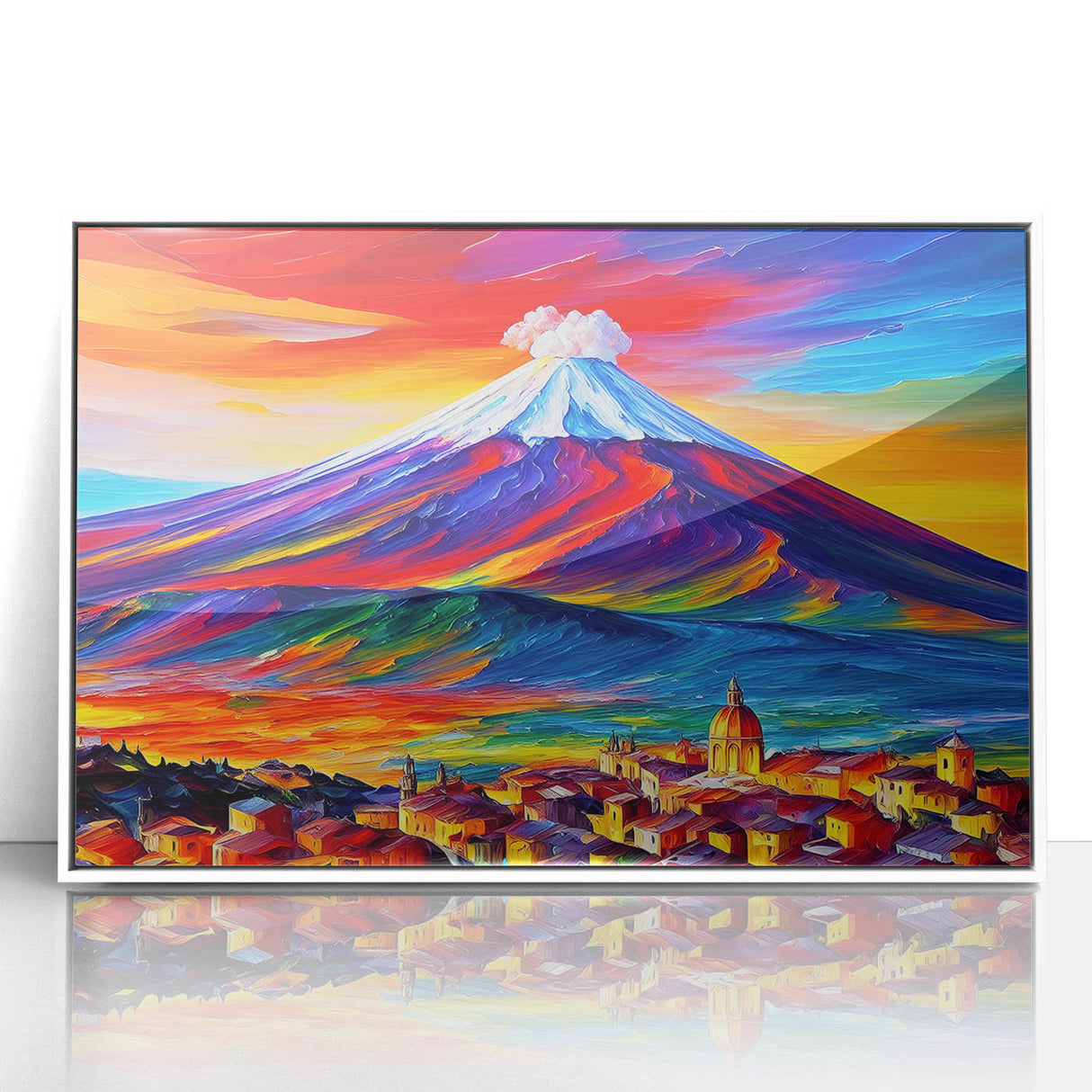 Mid-century modernist art of Mount Etna in Italy, depicted in muted earth tones on a framed acrylic.