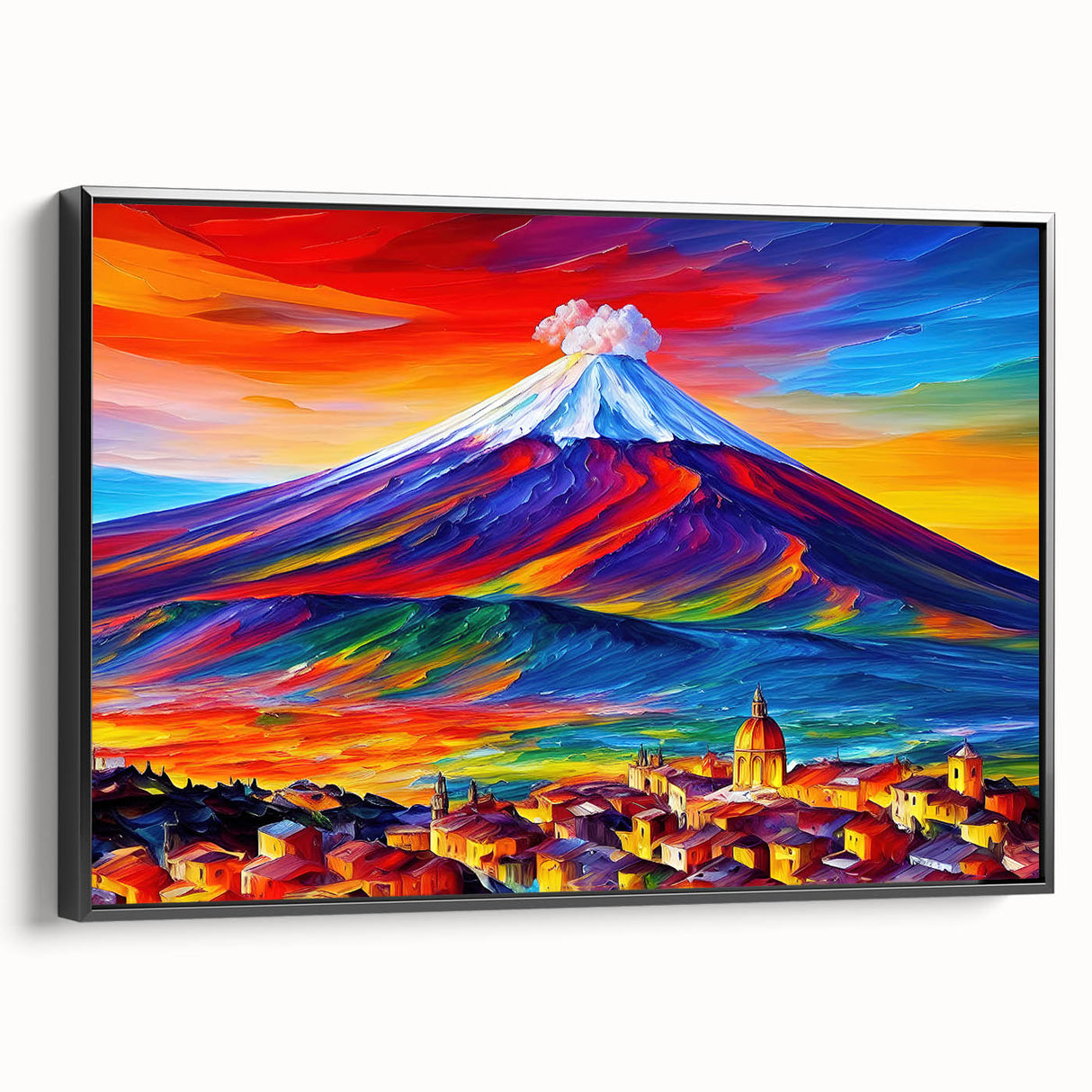 Black and white wall art of Mount Etna, vintage poster style on framed canvas, suitable for bedroom decor.