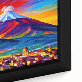 Extra large framed canvas of Mount Etna with a textured black foreground and colorful sky, ideal for living room decor.
