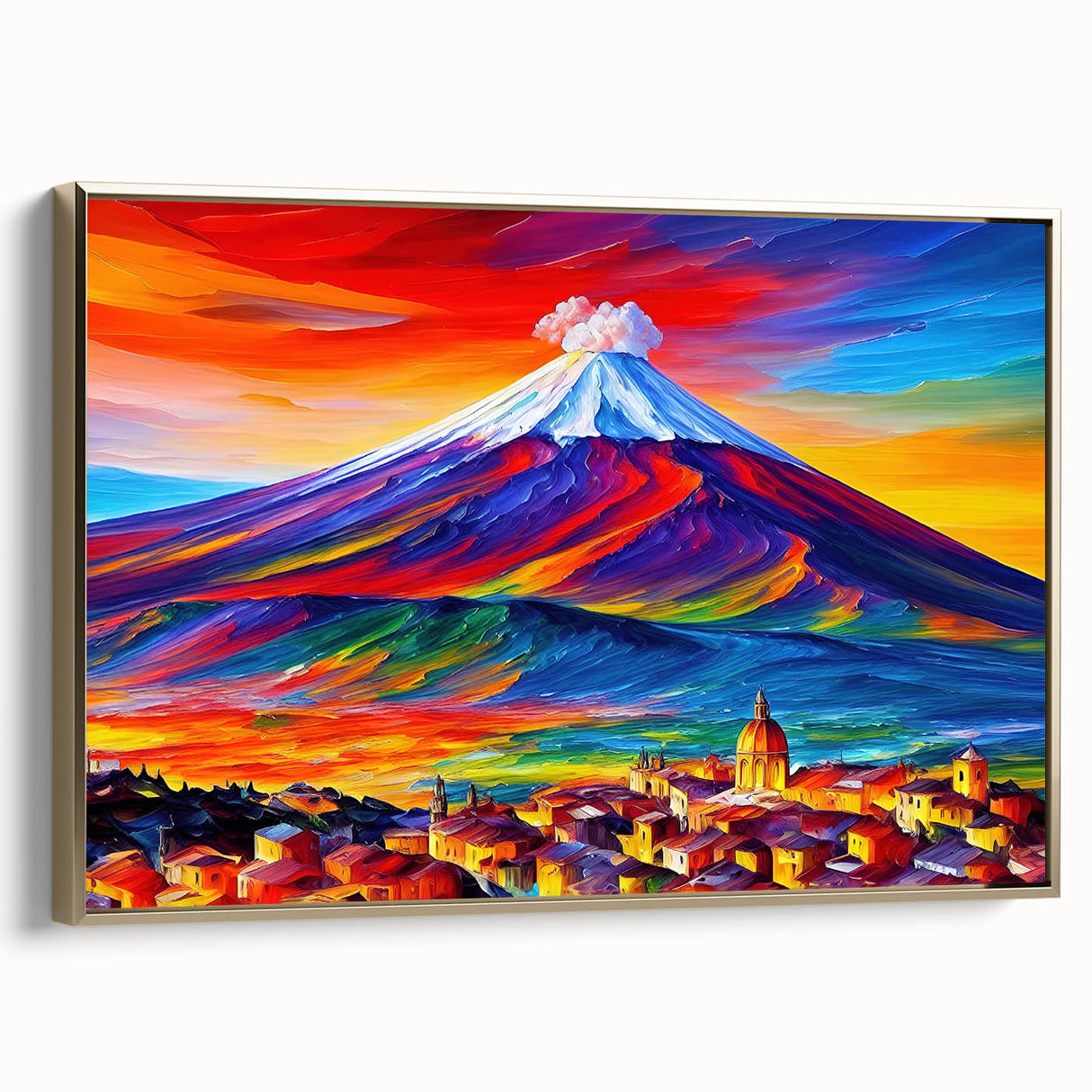 Framed canvas wall art of Mount Etna landscape in muted gold and black tones, ideal for bedroom decor.