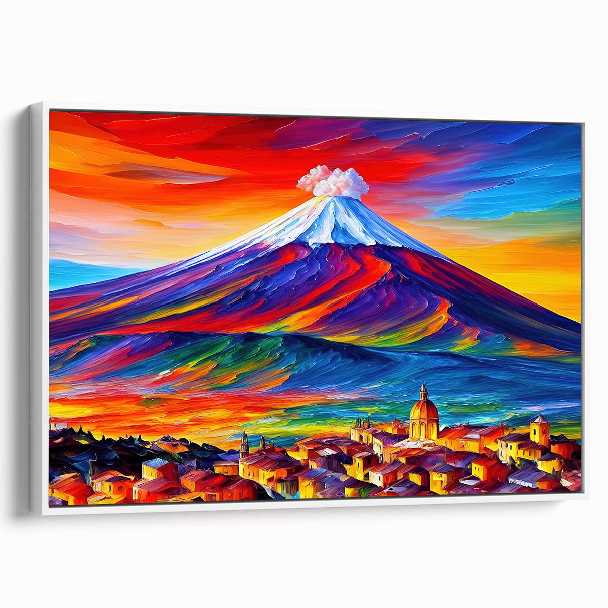 Vintage poster art of Mount Etna, featuring colorful landscape on extra large framed canvas, ideal for living room decor.