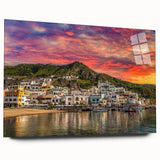 Large abstract depiction of Naples on acrylic glass, featuring blue and green tones, suitable for bedroom or dining room art.