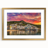 Abstract art print of Naples with muted earth tones in a gold frame, ideal for dining room decor.