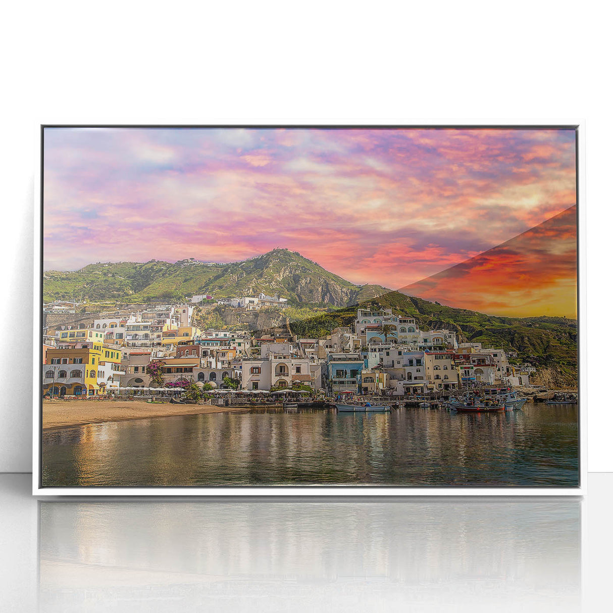 Mid-century modernist art depicting Naples, Italy in vibrant hues on a white-framed acrylic print.