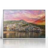 Mid-century modernist art depicting Naples, Italy in vibrant hues on a white-framed acrylic print.