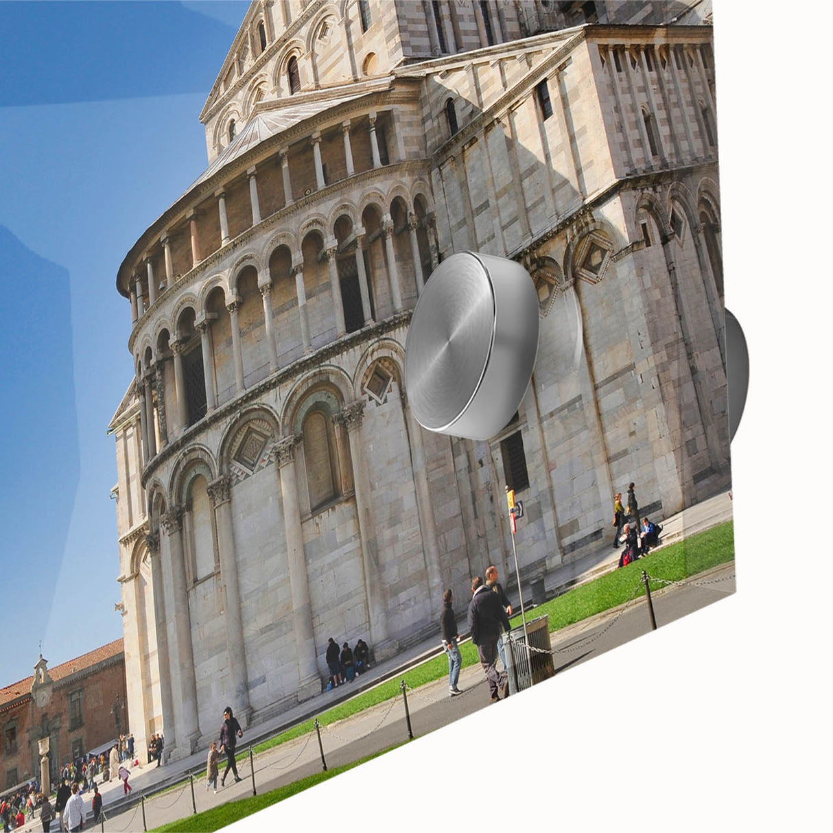 Acrylic print of an abstract depiction of the Leaning Tower of Pisa in muted earth tones, ideal for dining room art.