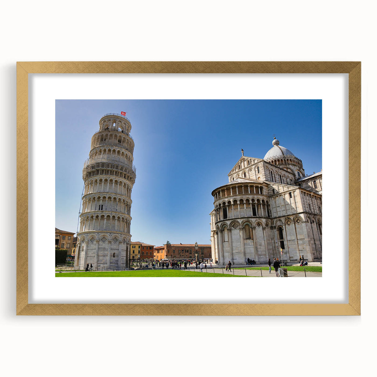 Abstract art print of Pisa's scenery in muted earth tones, framed with a gold mat, suitable for dining room decor.