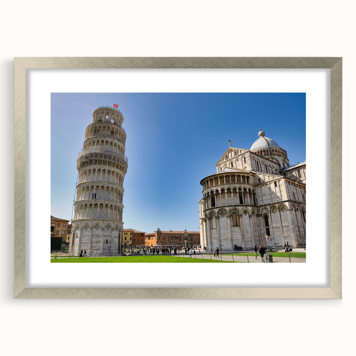 Extra large wall art of abstract Pisa scenery in textured silver frame, ideal for living room decor.