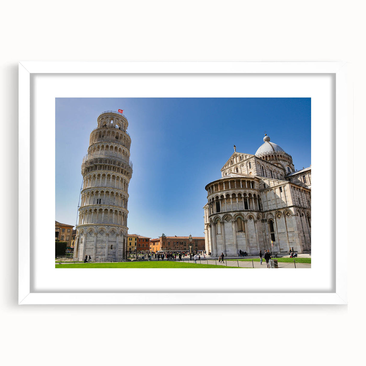 Textured art print of the Leaning Tower of Pisa in muted earth tones on a white framed mat, ideal for bedroom art.
