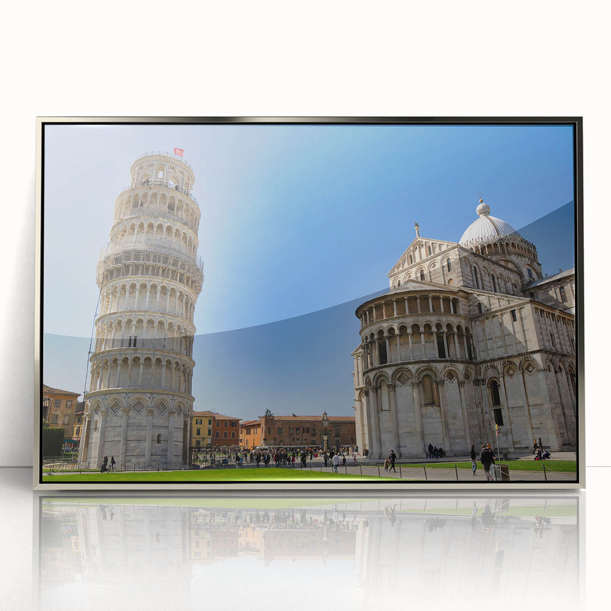 Mid-century modernist style large art print of Pisa, Italy, in muted earth tones on a silver-framed acrylic.