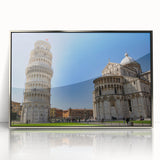 Mid-century modernist style large art print of Pisa, Italy, in muted earth tones on a silver-framed acrylic.
