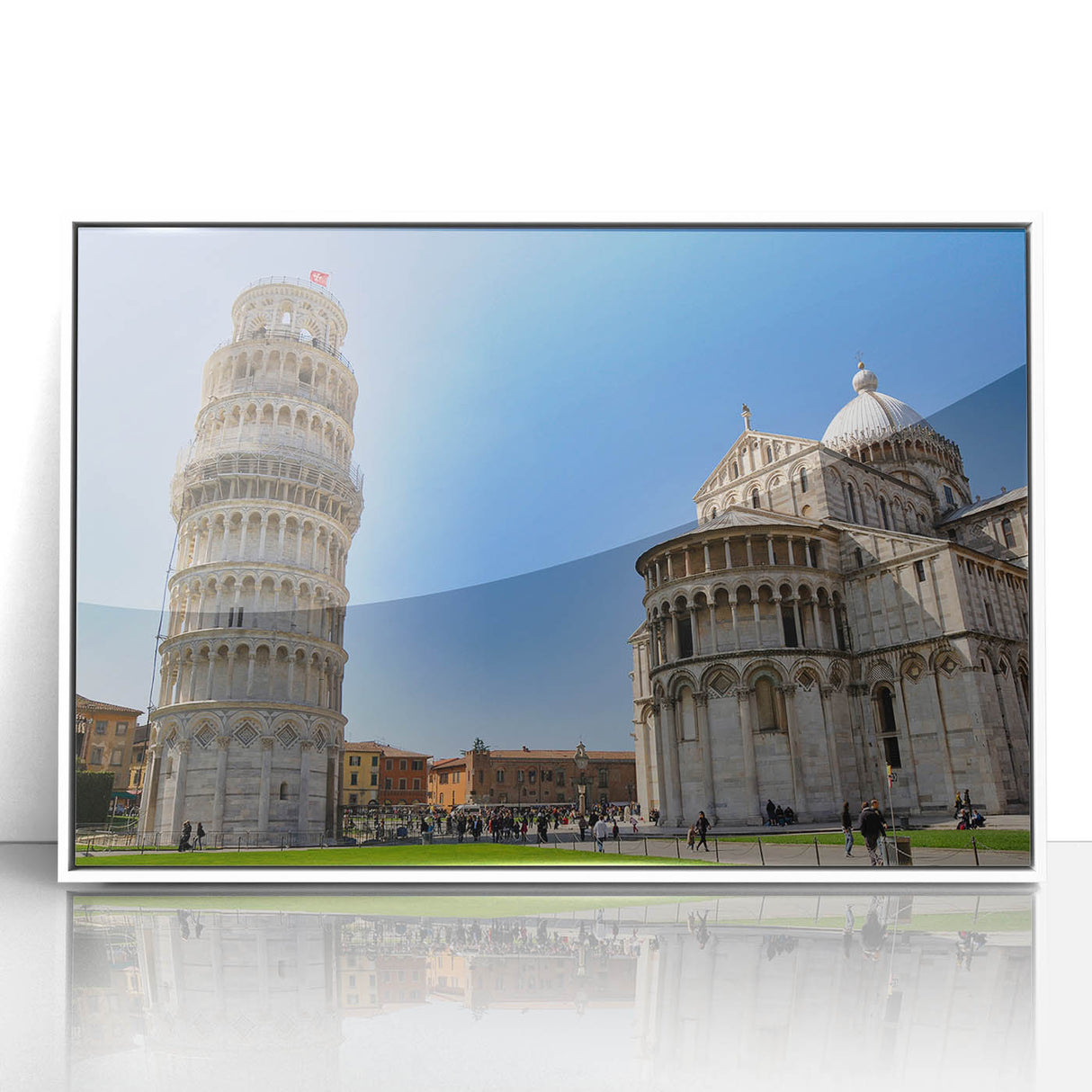 Mid-century modernist art of the Leaning Tower of Pisa in muted earth tones on framed acrylic, ideal for nursery wall art.