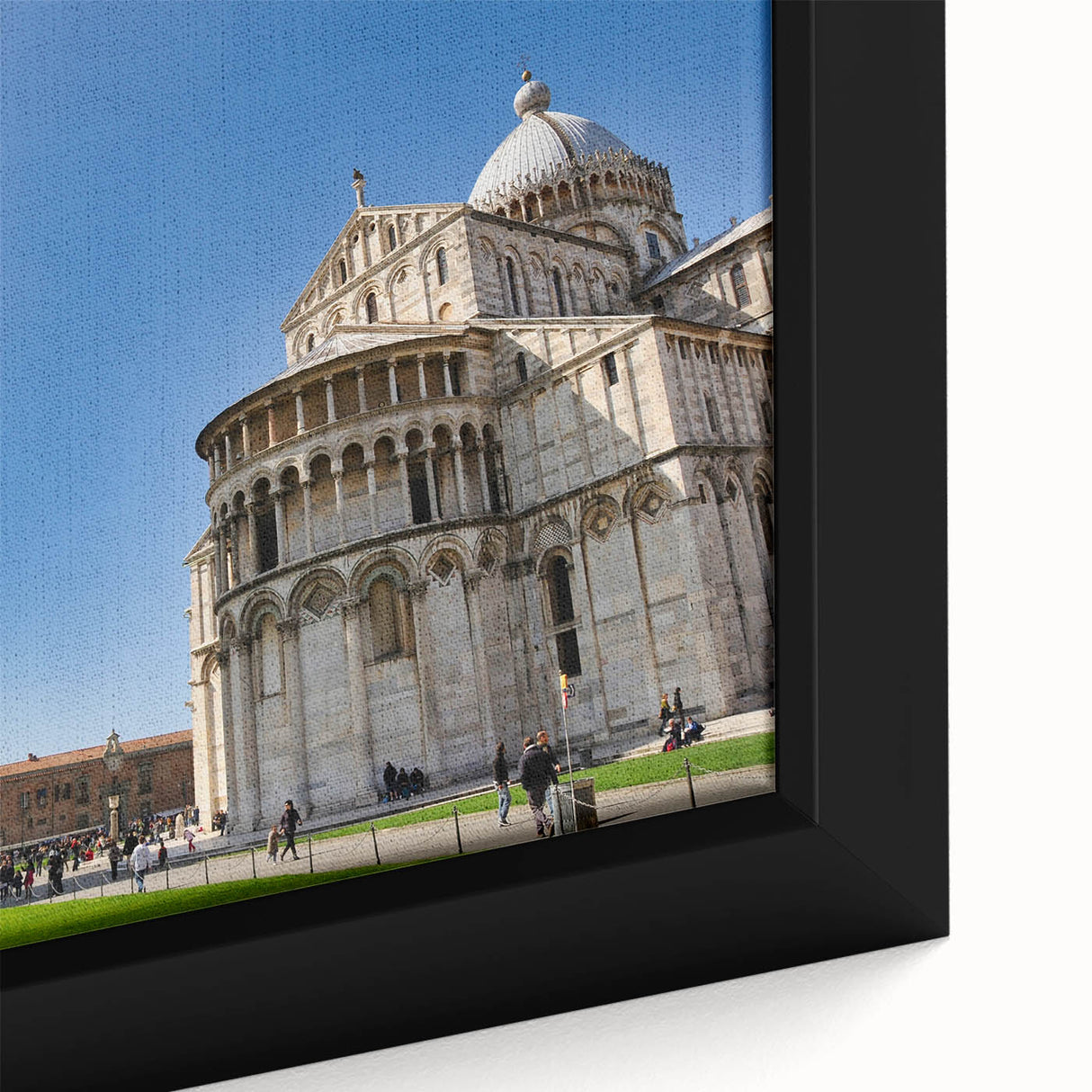 Black wall art featuring a textured depiction of the Leaning Tower of Pisa in vibrant colors on a framed canvas.