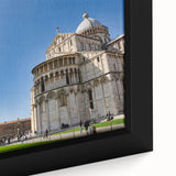 Black wall art featuring a textured depiction of the Leaning Tower of Pisa in vibrant colors on a framed canvas.