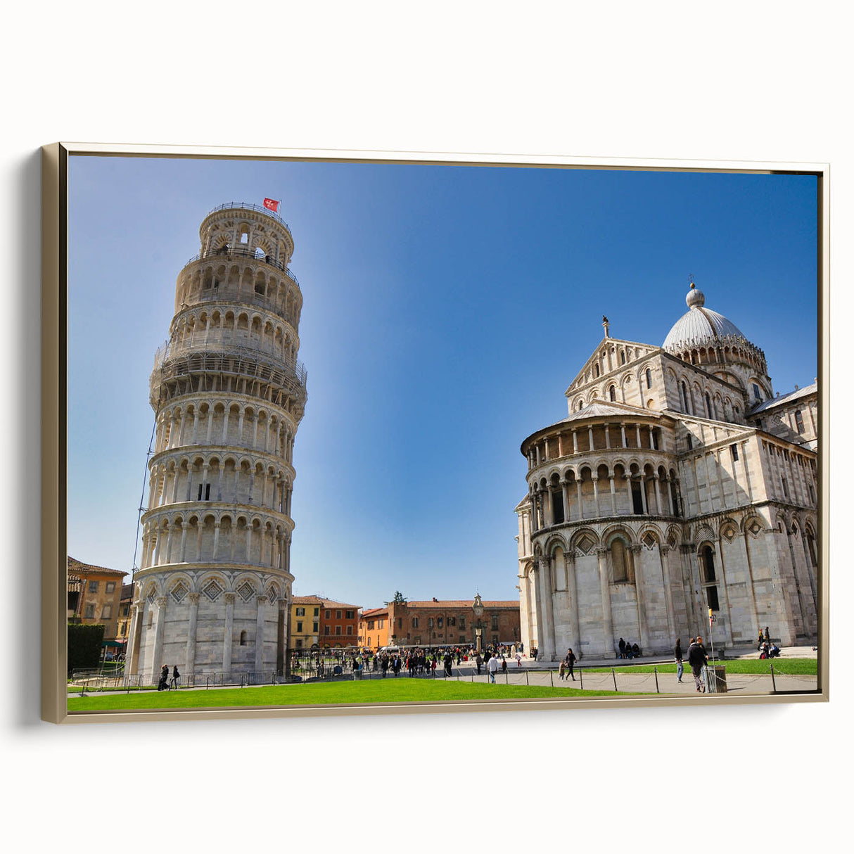 Framed canvas wall art showcasing a vintage-style landscape painting of the Leaning Tower of Pisa in muted gold and black…