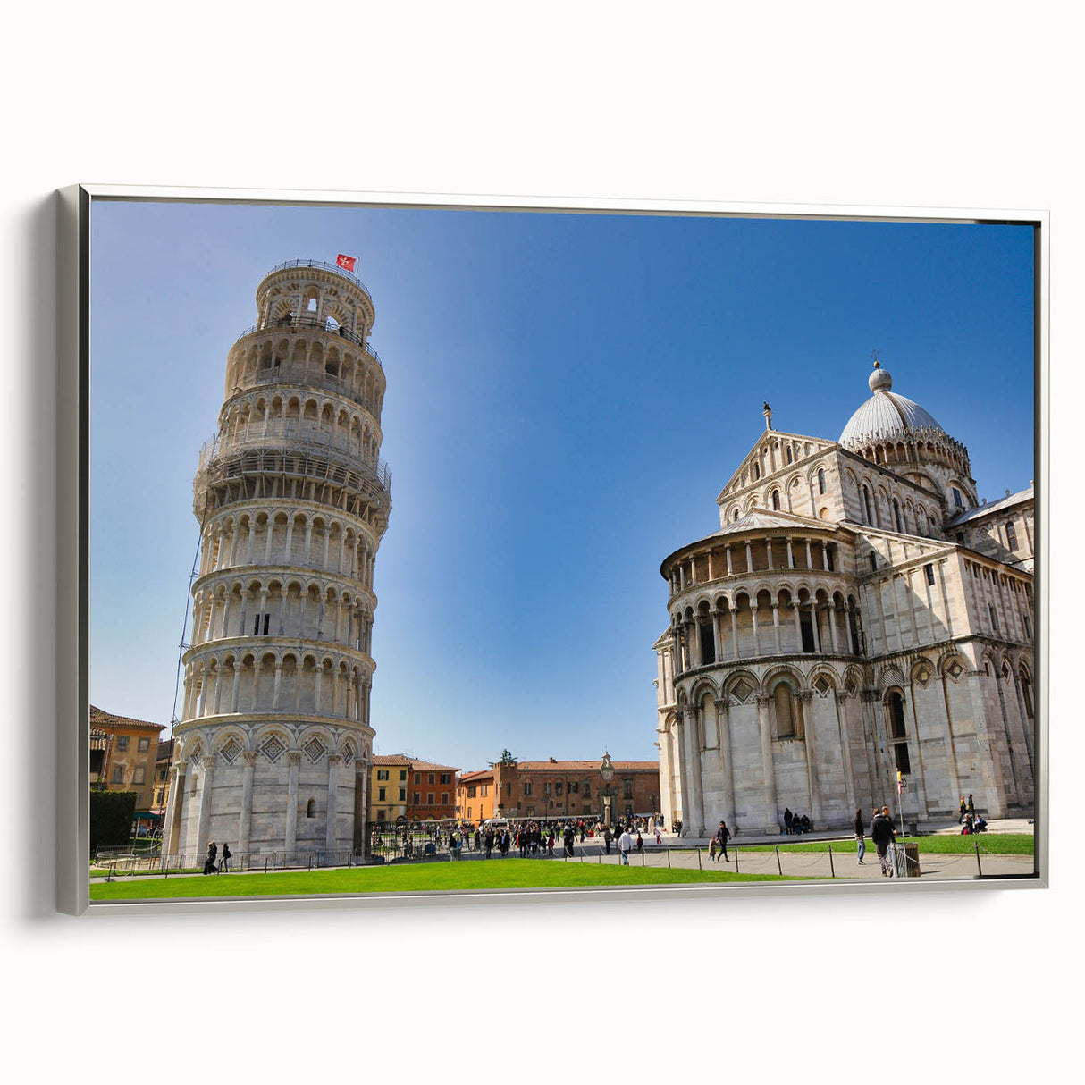 Framed canvas landscape art painting of Pisa, Italy, featuring colorful vintage poster art style on a black background.