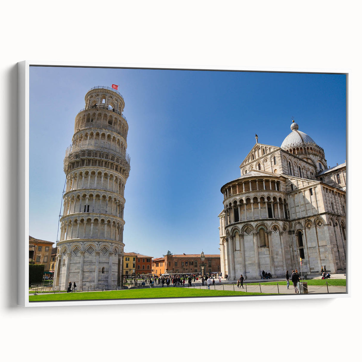 Vintage poster art of the Leaning Tower of Pisa in vibrant colors on a large framed canvas, ideal for living room decor.