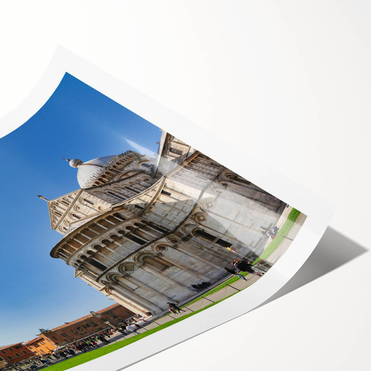 Extra large wall art featuring line art flowers over a scenery of Pisa, Italy, printed on rolled canvas.