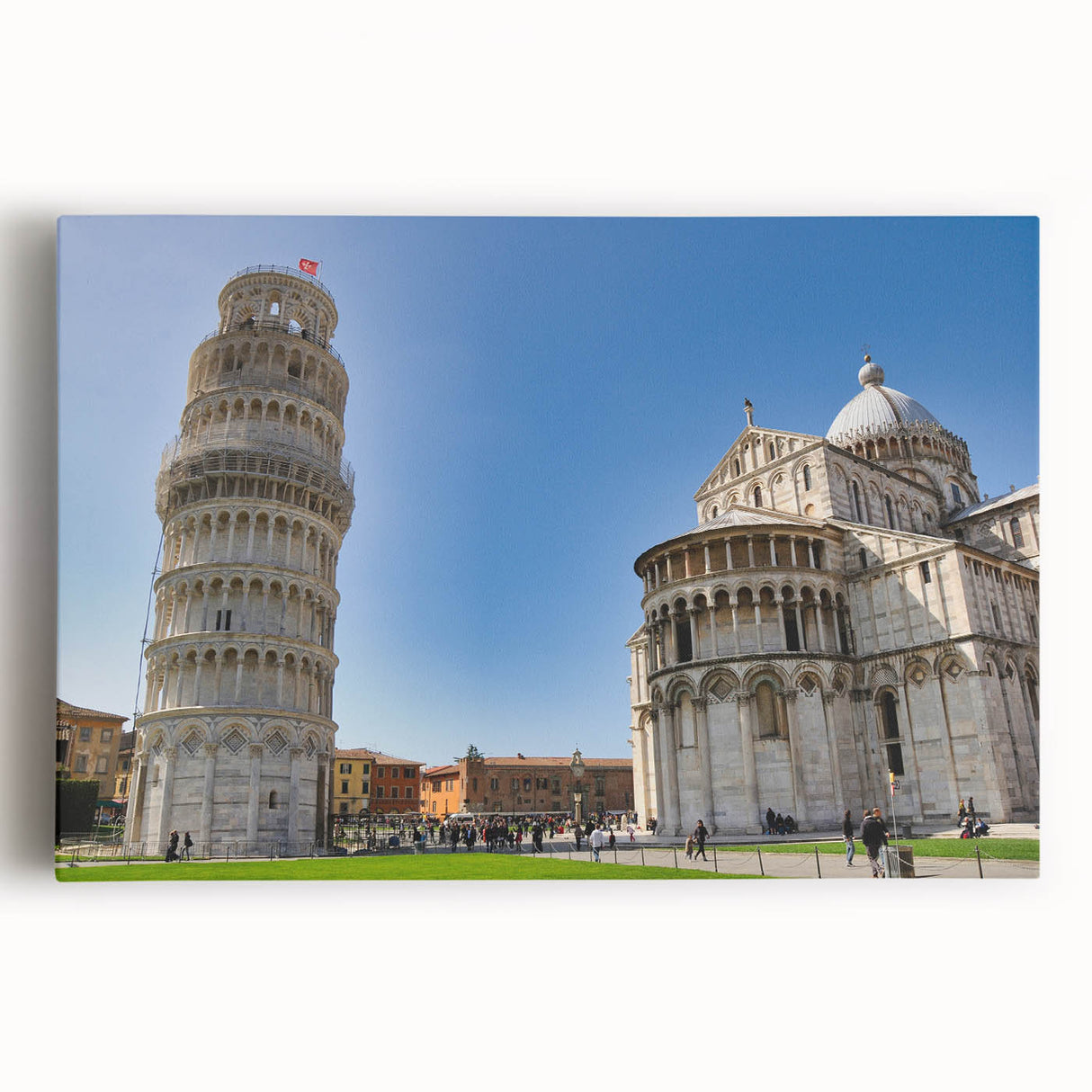 Black and white stretched canvas of the Leaning Tower of Pisa in a minimalist style, ideal for kitchen wall art.
