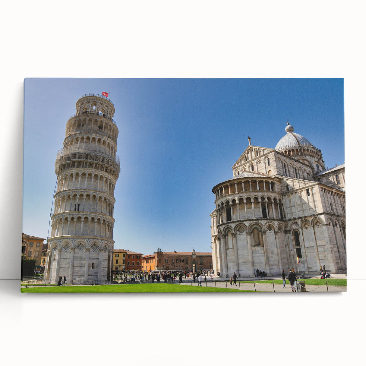 Black and white stretched canvas of the Leaning Tower of Pisa, ideal for kitchen art.