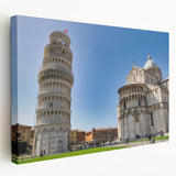 Side view of a stretched canvas featuring the Leaning Tower of Pisa in muted earth tones, ideal for kitchen wall art.
